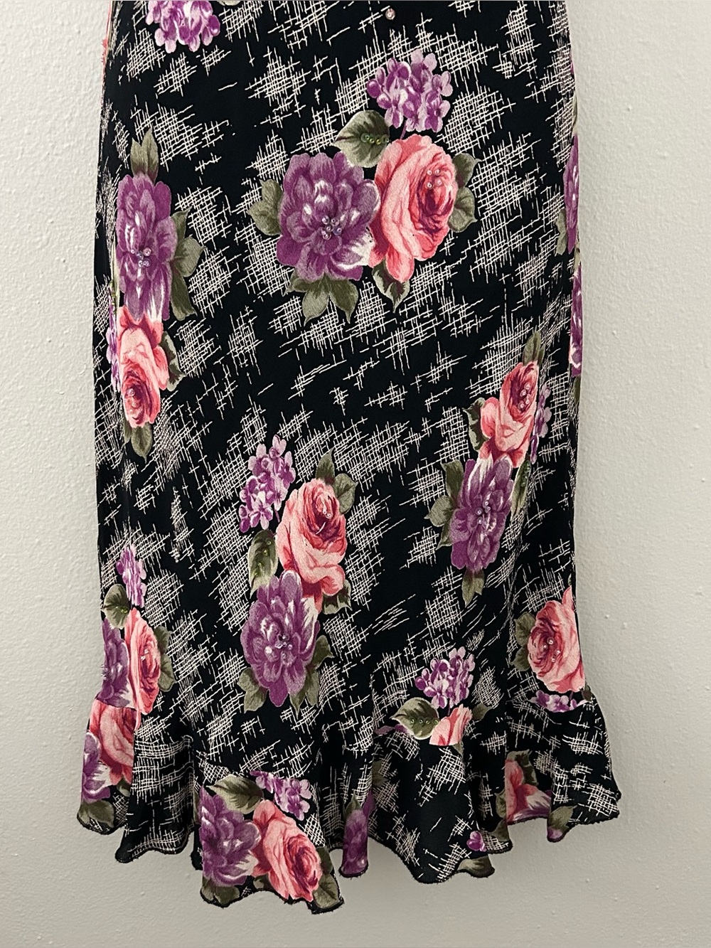 VTG 90s Floral Beaded Bias Cut Midi Slip Dress L Whimsigoth Fairy Grunge Roses - Picture 3 of 11